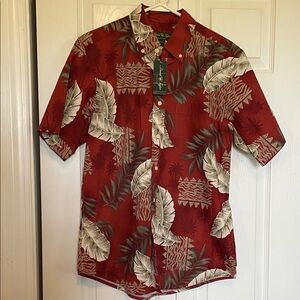 NWT Men’s sz S David Taylor Hawaiian shirt. Palm leaves reds tans 100% cotton